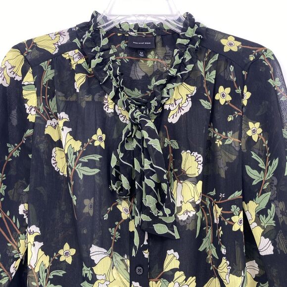 Who What Wear Floral Blouse Womens MEDIUM Sheer Chiffon Ruffle Tie Neck - Picture 3 of 12